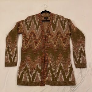 Lucky W M long open front V-neck cardigan wool blend soft Earth-tones sweater